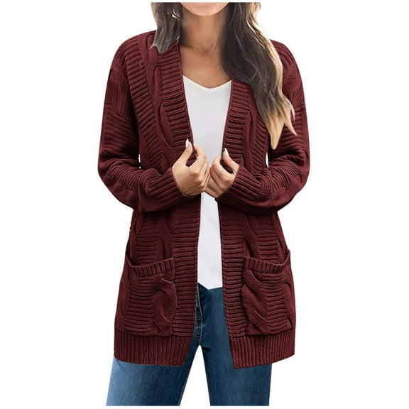 Scyoekwg Women's Fall Winter Cardigan Coats Casual Long Sleeve Front Open Sweater Coats Solid Color Loose Fashion Jackets (Wine,XXL)