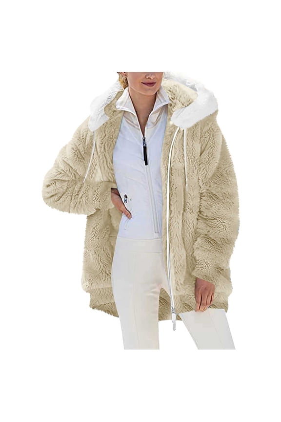 Women's Fleece Jacket Full Zip Up Coats Winter Warm Thick Fleece Coat Casual Long Sleeve Hooded Outerwear (Beige_Z01,XXL)