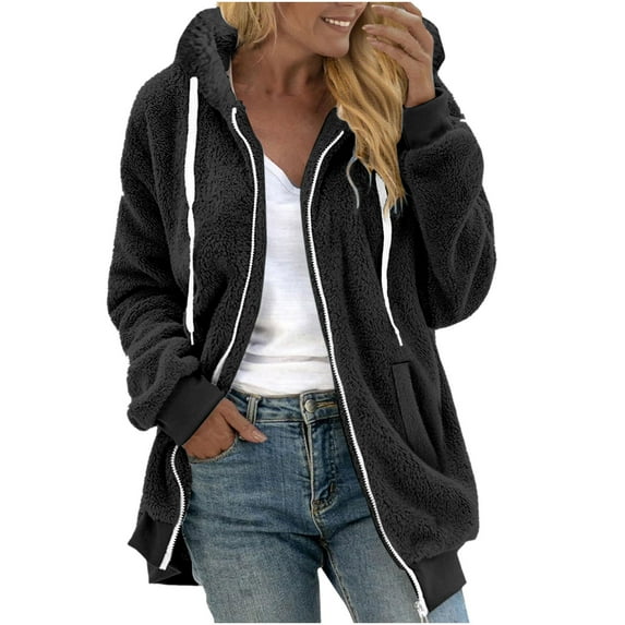 Scyoekwg Women's Fleece Jacket Long Sleeve Winter Warm Coats Plus Size Fleece Zip Up Coats Solid Loose Hoodies with Pockets (Black,XXXXL)