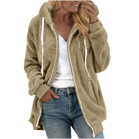 Scyoekwg Women's Fleece Jacket Long Sleeve Winter Warm Coats Plus Size Fleece Zip Up Coats Solid Loose Hoodies with Pockets (Khaki,L)