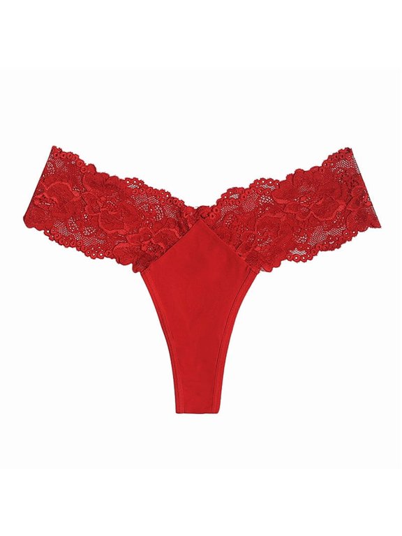Women's Floral Lace Thong Panties Low Waisted V-Cut Stretch Underwear Breathable Briefs for Daily Wear (Red,XS)