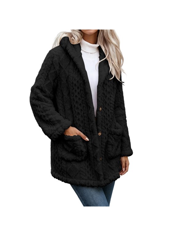 Women's Hooded Cable Textured Sherpa Coat Button Front Mid-Length Teddy Fleece Jacket with Side Pockets Warm Winter Casual Outerwear,Size:S-XXL