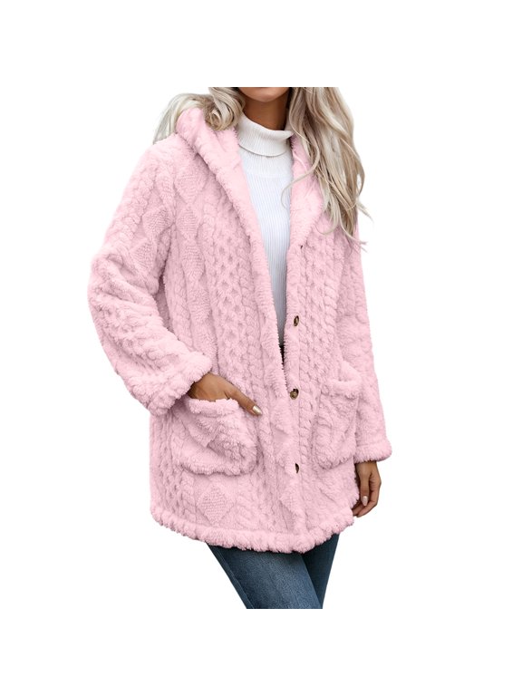 Women's Hooded Cable Textured Sherpa Coat Button Front Mid-Length Teddy Fleece Jacket with Side Pockets Warm Winter Casual Outerwear,Size:S-XXL