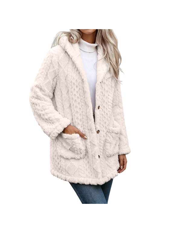 Women's Hooded Cable Textured Sherpa Coat Button Front Mid-Length Teddy Fleece Jacket with Side Pockets Warm Winter Casual Outerwear,Size:S-XXL
