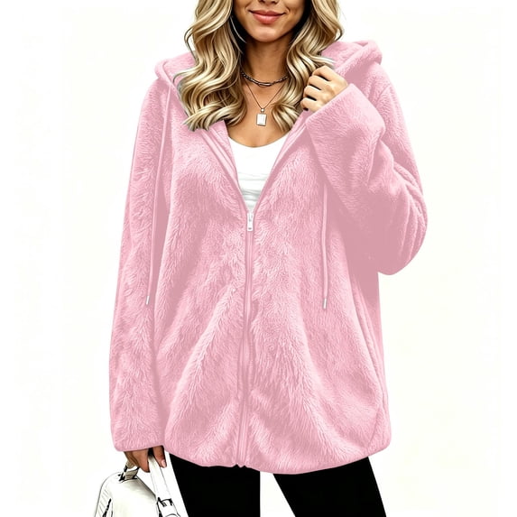 Scyoekwg Women's Hooded Fleece Zip Up Jacket Long Sleeve Drawstring Sherpa Coat with Side Pockets Soft Warm Loose Fit Fall Winter Outerwear,Size:S-XXL