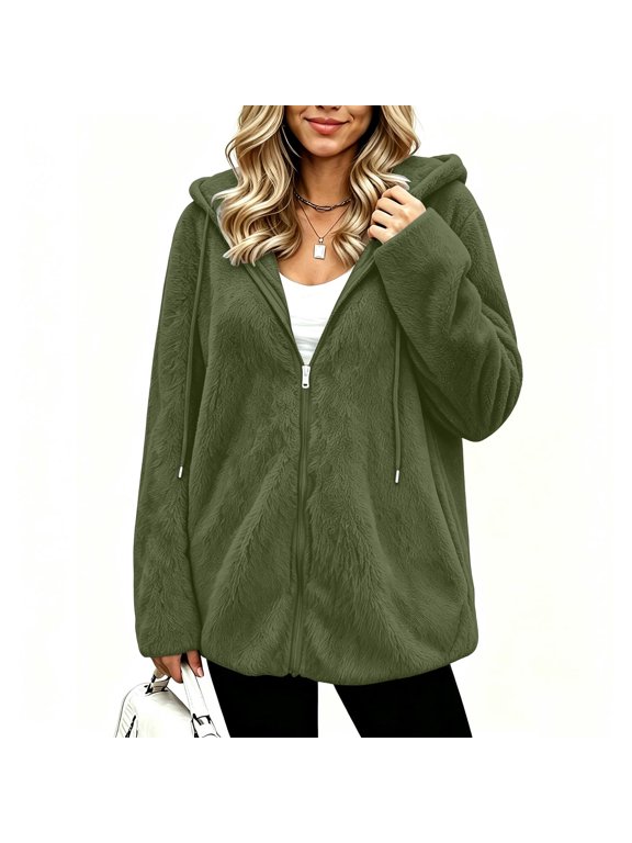 Women's Hooded Fleece Zip Up Jacket Long Sleeve Drawstring Sherpa Coat with Side Pockets Soft Warm Loose Fit Fall Winter Outerwear,Size:S-XXL