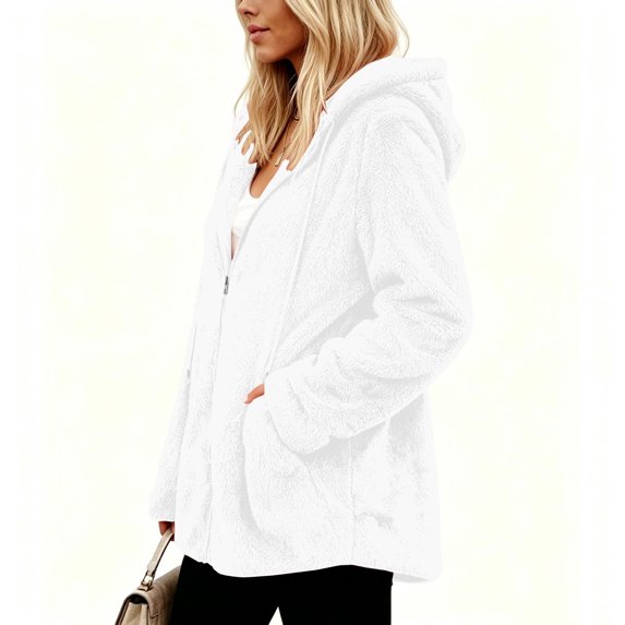 Scyoekwg Women's Hooded Fleece Zip Up Jacket Long Sleeve Drawstring Sherpa Coat with Side Pockets Soft Warm Loose Fit Fall Winter Outerwear,Size:S-XXL