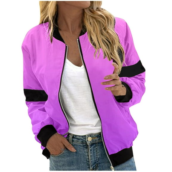 Scyoekwg Women's Jackets Color Block Splicing Loose Long Sleeve Fall Coats Trendy Lightweight Stand Collar Zipper Jacket Casual Outerwear(Hot Pink,XL)