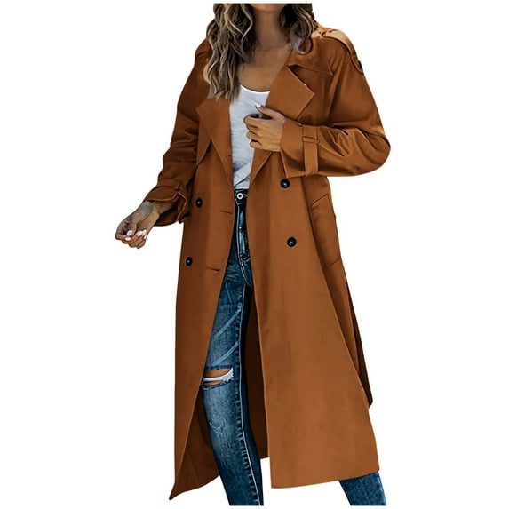 Scyoekwg Women's Jackets Double Breasted Long Trench Coat Outwear Long Sleeve Solid Color Casual Winter Warm Jackets Loose Outerwear (Brown,L)