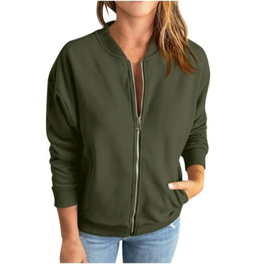 Scyoekwg Women's Jackets Solid Color Casual Trendy Lightweight Zipper Stand Collar Bomber Jacket Loose Fall Coats Long Sleeve Outerwear(Army Green,S)
