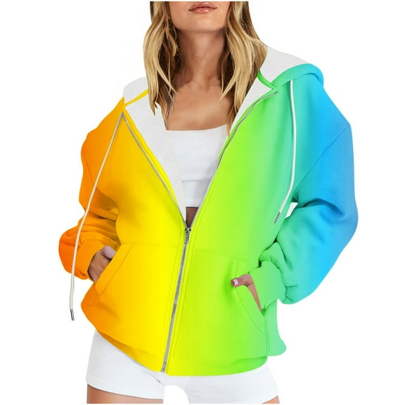 Scyoekwg Women's Jackets Zipper Drawstring Hooded Sweatshirts Jacket Hoodies Coats with Pocket Loose Gradient Color Long Sleeve Casual Outerwear (Yellow,XXXL)