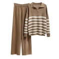 thumbnail image 1 of Scyoekwg Women's Knit 2 Piece Outfit Fall Outfits Color Block Lapel Long Sleeve Tops Wide Legs Pants Casual Outfits Casual Fashion Loose Matching Sets (Khaki,L), 1 of 3