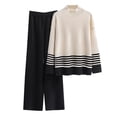 thumbnail image 1 of Scyoekwg Women's Knit 2 Piece Outfit Loose Color Block Comfortable Fashion Fall Outfits Two-piece Knitted Suit Crewneck Long Sleeve Tops Wide Legs Pants Casual Set (Black,M), 1 of 3