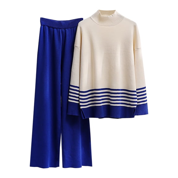 Scyoekwg Women's Knit 2 Piece Outfit Loose Color Block Fashion Fall Outfits Crewneck Long Sleeve Tops Wide Legs Pants Casual Outfits Casual Set (Blue,M)