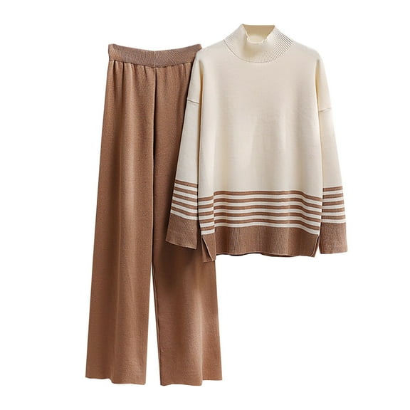 Scyoekwg Women's Knit 2 Piece Outfit Loose Color Block Fashion Fall Outfits Crewneck Long Sleeve Tops Wide Legs Pants Casual Outfits Casual Set (Khaki,L)