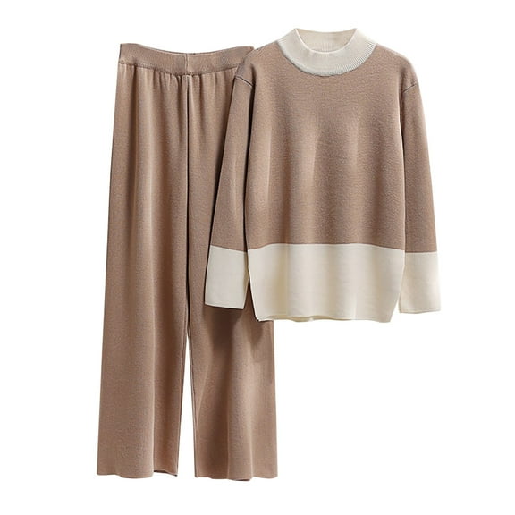Scyoekwg Women's Knit 2 Piece Outfit Loose Fall Outfits Color Block Crewneck Long Sleeve Tops Wide Legs Pants Casual Outfits Casual Fashion Outfits (Khaki,M)