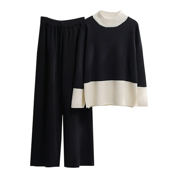 Scyoekwg Women's Knit 2 Piece Outfit Loose Fall Outfits Color Block Two-piece Knitted Suit Crewneck Long Sleeve Tops Wide Legs Pants Casual Comfortable Fashion Outfits (Black,L)