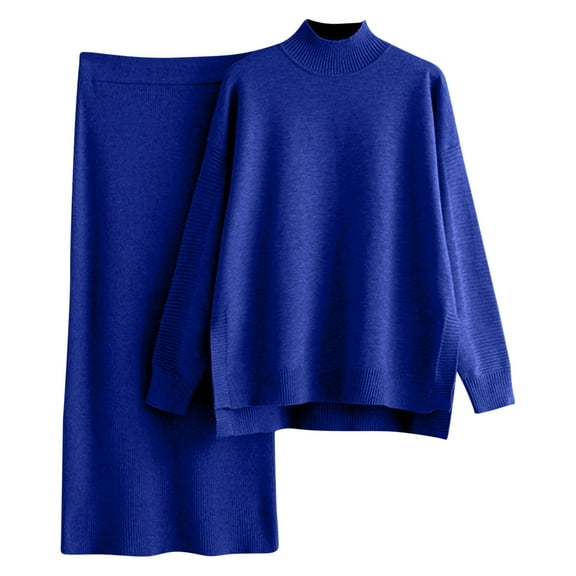 Scyoekwg Women's Knit 2 Piece Outfit Solid Color Fall Two-piece Knitted Suit High Neck Long Sleeve Tops Wide Legs Pants Casual Fashion Loose Sweatsuits (Blue,Free Size)
