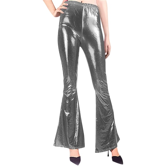 Scyoekwg Women's Leggings Solid Color Comfy Loose Casual Ladies Sweatpants High Waist Shiny Leather Flared Pants Trousers Silver,S