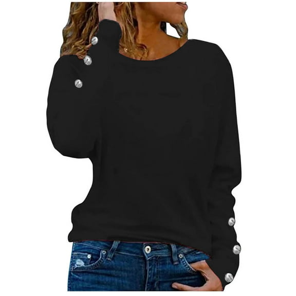Scyoekwg Women's Long Sleeve Tops Round Neck Button Sleeve Tunic Shirts Loose Tshirt Lightweight Solid Color Dressy Casual Blouse Tops for Women Trendy Pullover (Black,XL)