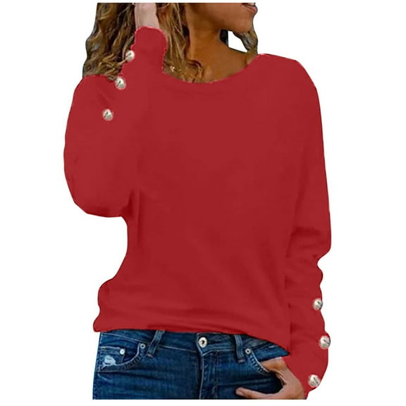 Scyoekwg Women's Long Sleeve Tops Round Neck Button Sleeve Tunic Shirts Loose Tshirt Lightweight Solid Color Dressy Casual Blouse Tops for Women Trendy Pullover (Red,L)