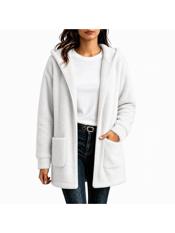 Women's Open Front Hooded Sherpa Cardigan Jackets Long Sleeve Fleece Jacket with Side Pockets Loose Solid Warm Fall Winter Layering Coat,Size:S-XXXL