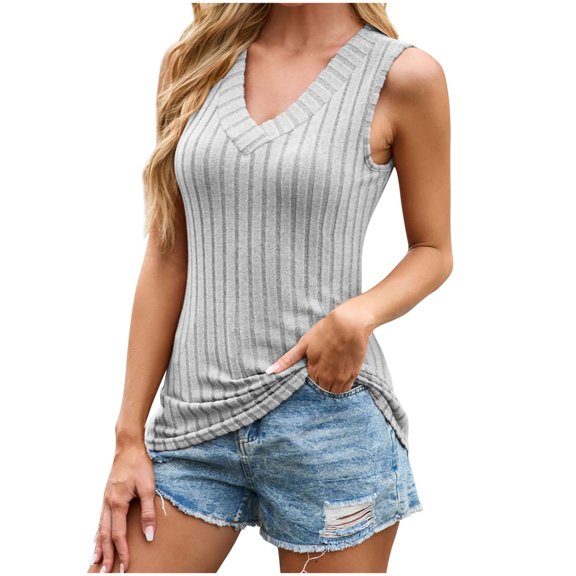 Scyoekwg Women's Striped Tank Tops V Neck Sleeveless Slim Fitted Shirts Summer Casual Basic Tank Tee Shirts (Gray,XL)