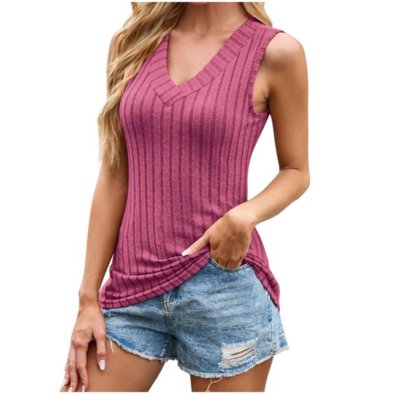 Scyoekwg Women's Striped Tank Tops V Neck Sleeveless Slim Fitted Shirts Summer Casual Basic Tank Tee Shirts (Hot Pink,L)