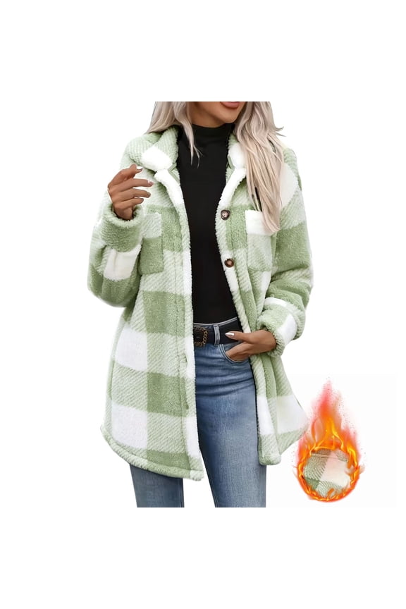 Women's Plaid Sherpa Lined Shacket Lapel Collar Button Front Mid Length Fleece Jacket Long Sleeve Warm Plaid Winter Coat for Women,Size:S-XXL