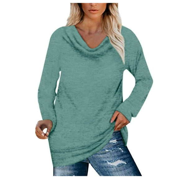 Scyoekwg Women's Plus Size Tops Round Neck Pleated Tunic Shirts Long Sleeve Solid Color Dressy Casual Blouse Lightweight Tops for Women Trendy Loose Tshirt Blouses (Green,L)