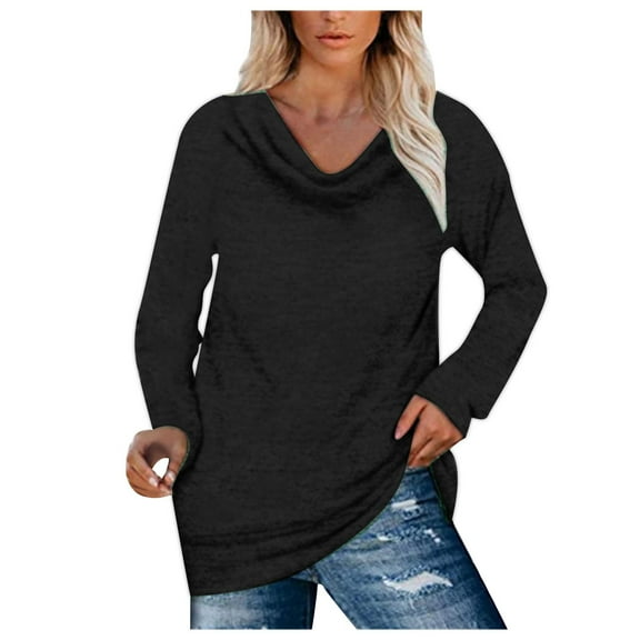 Scyoekwg Women's Plus Size Tops Round Neck Pleated Tunic Shirts Long Sleeve Solid Color Dressy Casual Blouse Lightweight Tops for Women Trendy Loose Tshirt Blouses (Black,XXXL)