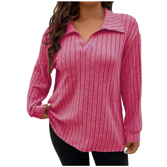 Scyoekwg Women's Plus Size Tops V-Neck Brushed Knit Tunic Shirts Long Sleeve Solid Color Dressy Casual Blouse Lightweight Loose Tops for Women Trendy Blouses (Pink,XXXXL)