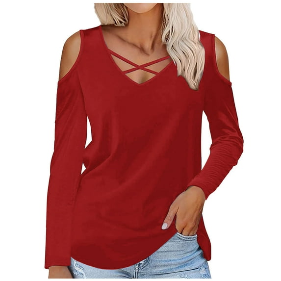 Scyoekwg Women's Plus Size Tops V-Neck Off Shoulder Shirts Tops for Women Trendy Loose Tshirt Lightweight Long Sleeve Solid Color Blouses (Red,XL)