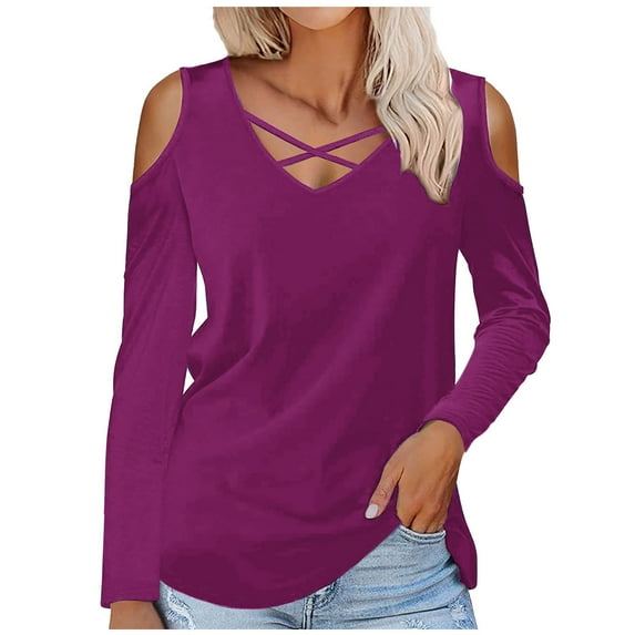 Scyoekwg Women's Plus Size Tops V-Neck Off Shoulder Shirts Tops for Women Trendy Loose Tshirt Lightweight Long Sleeve Solid Color Blouses (Wine,XXXL)