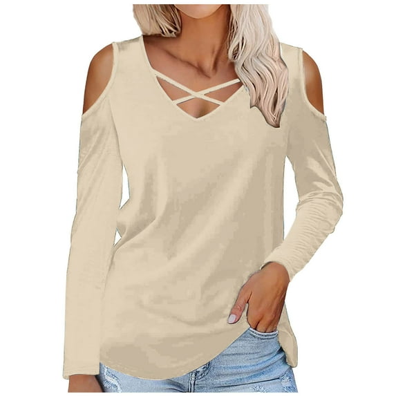Scyoekwg Women's Plus Size Tops V-Neck Off Shoulder Shirts Tops for Women Trendy Loose Tshirt Lightweight Long Sleeve Solid Color Blouses (Khaki,XXXL)