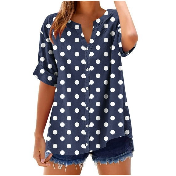 Scyoekwg Women's Short Sleeve Tops Summer Shirts Roll Up Notch V Neck Button Down Top Polka Dots Print Tunic Tops for Women (Navy,L)