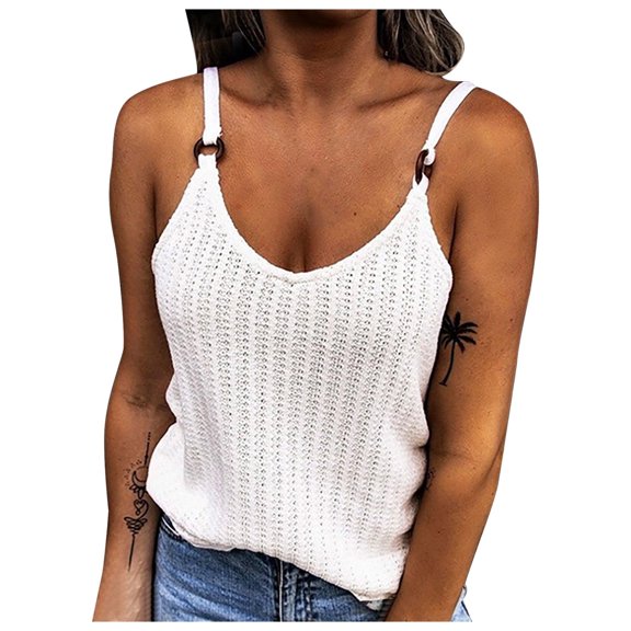 Scyoekwg Women's Spaghetti Strap Tank Top Loose Crew Neck Solid Color Camisole Casual Summer Sleeveless Tank Tops Basic Sling Shirts (White,L)