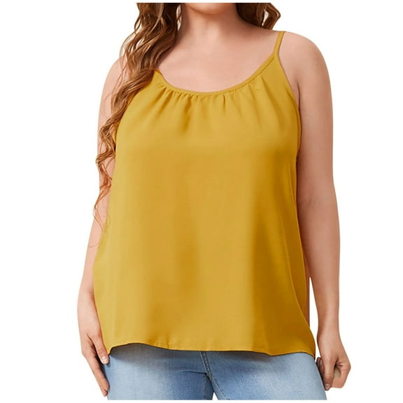 Scyoekwg Women's Spaghetti Strap Tank Top Solid Color Summer Loose Basic Sling Sleeveless Tank Tops Camisole Crewneck Casual Blouses (Yellow,XXXL)