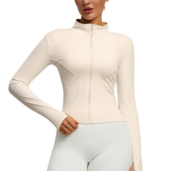 Scyoekwg Women's Stretch Full Zip Stand Collar Yoga Jackets Slim Fitted Casual Long Sleeve Workout Out Running Yoga Outerwear (White,XL)