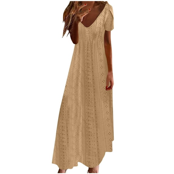 Scyoekwg Women's Summer Dresses Trendy V Neck Hollow Out Eyelet Lace Long Dresses Ruffle Short Sleeve Dress Women's Casual Dresses (Khaki,XL)