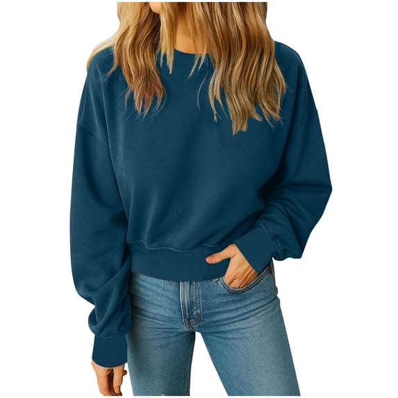 Scyoekwg Women's Sweatshirt Crewneck Cropped Sweatshirt Long Sleeve Tops Pullover Solid Color Loose Comfy Cute Fall Clothes (Navy,XXL)