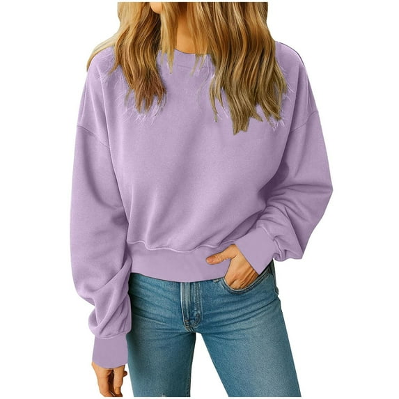Scyoekwg Women's Sweatshirt Crewneck Cropped Sweatshirt Long Sleeve Tops Pullover Solid Color Loose Comfy Cute Fall Clothes (Purple,XXL)