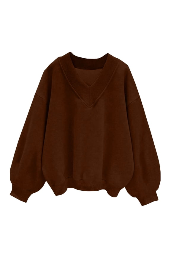 Women's Sweatshirt Fall V Neck Fleece Sweatshirts Casual Long Sleeve Drop Shoulder Sweatshirt Pullover Tops Loose Athletic Sweatshirts (Brown,L)