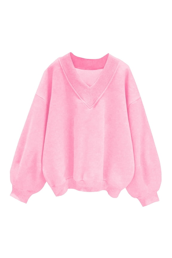 Women's Sweatshirt Fall V Neck Fleece Sweatshirts Casual Long Sleeve Drop Shoulder Sweatshirt Pullover Tops Loose Athletic Sweatshirts (Pink,L)