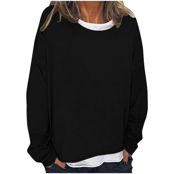 Scyoekwg Women's Sweatshirts Solid Color Round Neck Long Sleeve Tops Casual Tunic Sweatshirts For Women Loose Pullover Tops (Black,M)