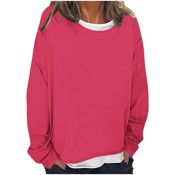 Scyoekwg Women's Sweatshirts Solid Color Round Neck Long Sleeve Tops Casual Tunic Sweatshirts For Women Loose Pullover Tops (Hot Pink,XXL)