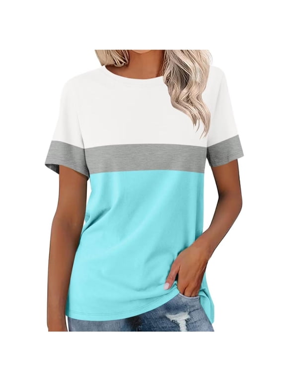 Women’s T Shirts Short Sleeve Color Block Tops Casual Summer Fashion Tee Trendy Round Neck Lightweight Blouses (Light Blue,XXXXXL)
