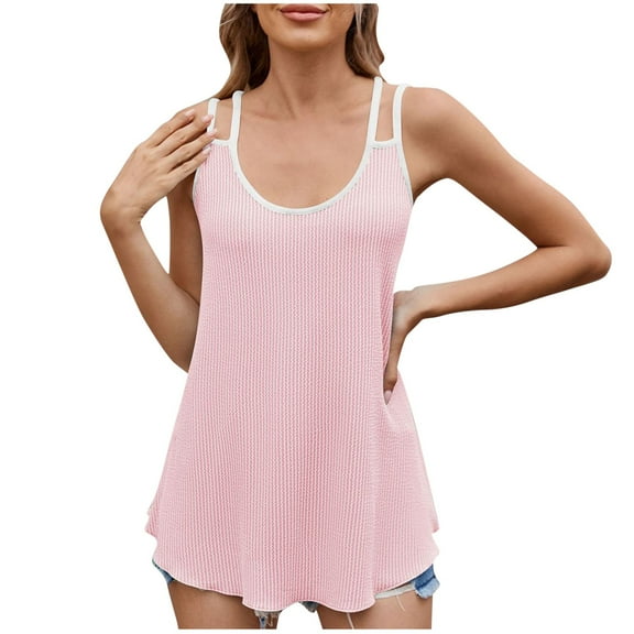 Scyoekwg Women's Tank Tops Hollow Sleeveless Camisole Summer Clothes Round Neck Solid Color Flowy Shirts Tunic Blouses (Pink,XXL)