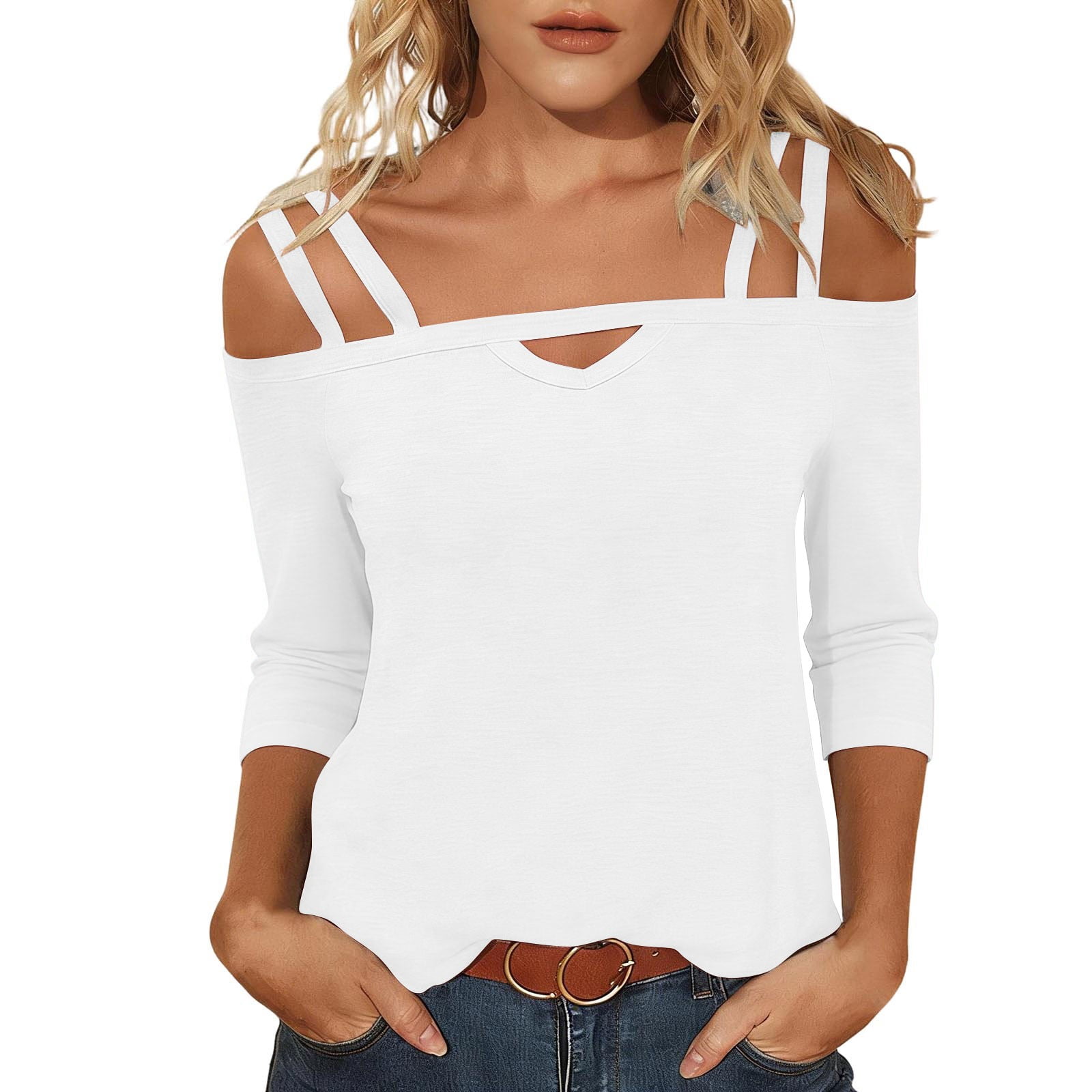 Scyoekwg Women's Tops 3/4 Sleeve Solid Color Cold Shoulder Tops Casual ...