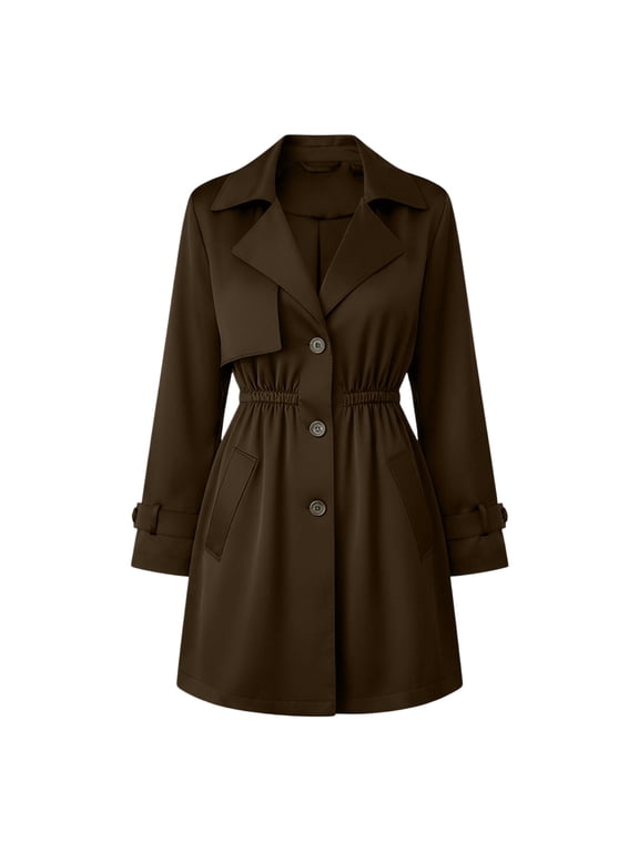 Women's Trench Coat Button Lapel Long Sleeve Waist Drawstring Jacket Mid-Length Elegant Outerwear for Casual Outdoor (Brown,S)